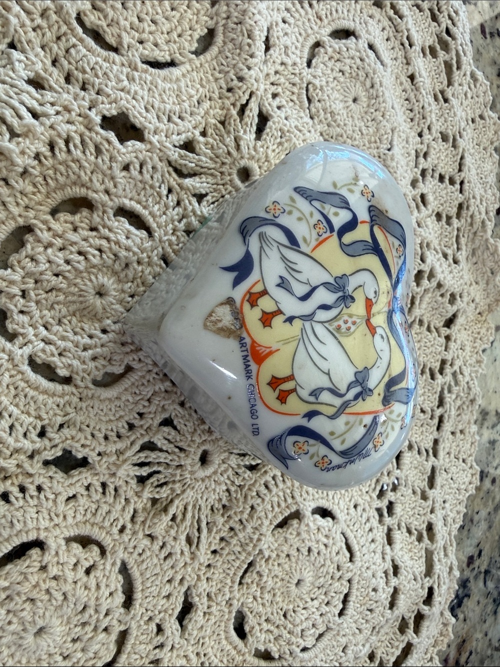 Vintage Heart-Shaped Ceramic Trinket Dish with Swans